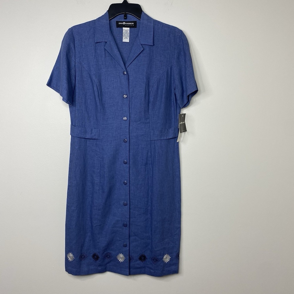 Sage Harbor Petite 8P Blue Linen Blend Button Front Dress Embroidered Hem Floral
